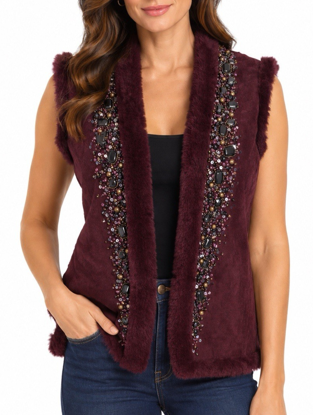 Lafayette 148 Vest Suede Sheepskin Shearling Sleeveless Burgundy Red Bead XL
